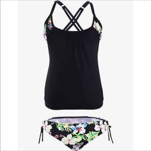 Flowery Black Two Piece Bathing Suit NWOT